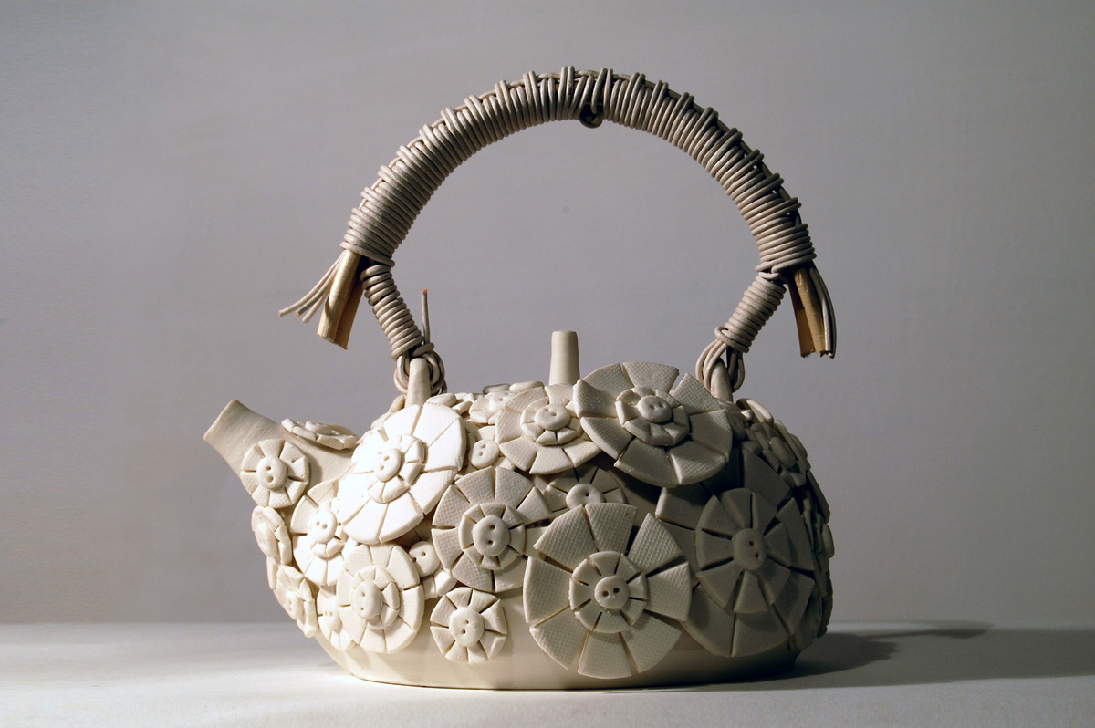 Tteapot with buttons - porcelain biscuit, rattan, 2013