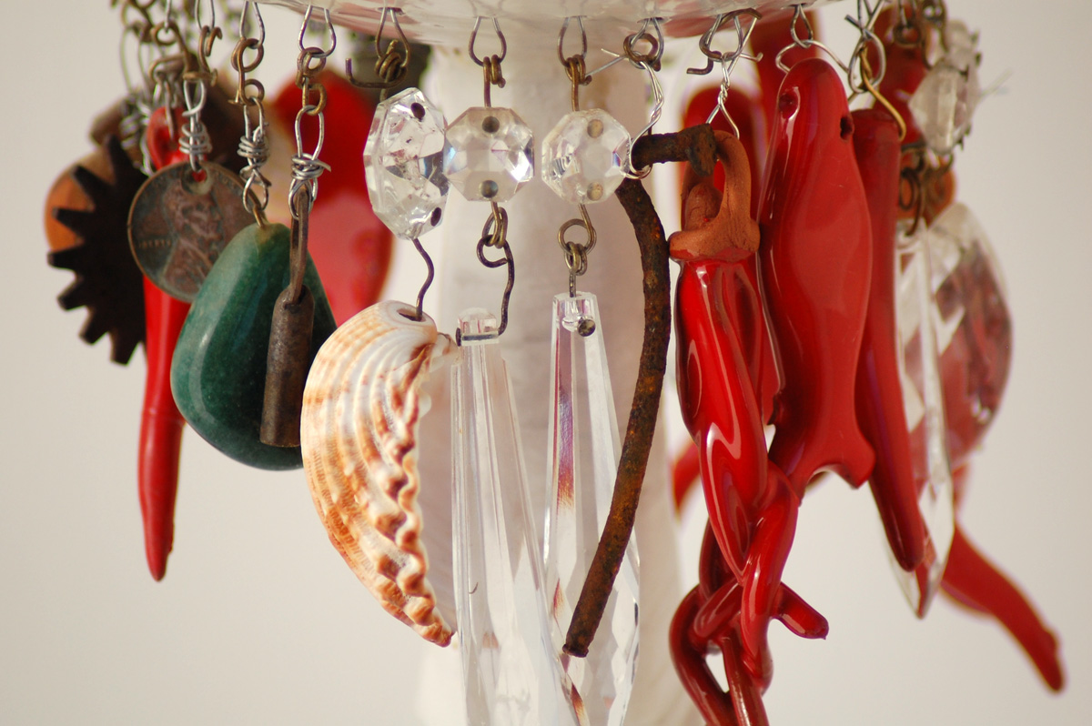 Candle holder (detail) - majolica, crystal, seeds, metal, shells, 2002